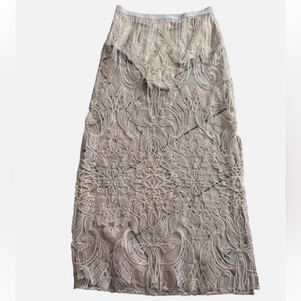NEW Anthropologie Cream Lace Appliqué Midi /Maxi Skirt Column M Pull-On MSRP$168 - Picture 5 of 5